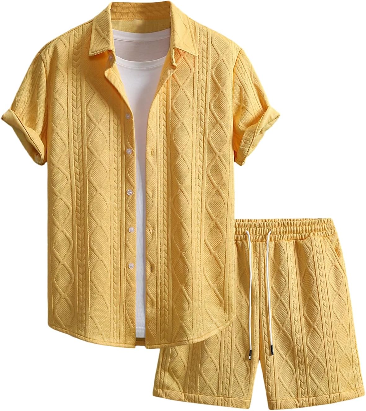Waffle Knit 2 Piece Outfits for Men, Button Down Shirt and Shorts Set