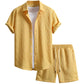 Waffle Knit 2 Piece Outfits for Men, Button Down Shirt and Shorts Set