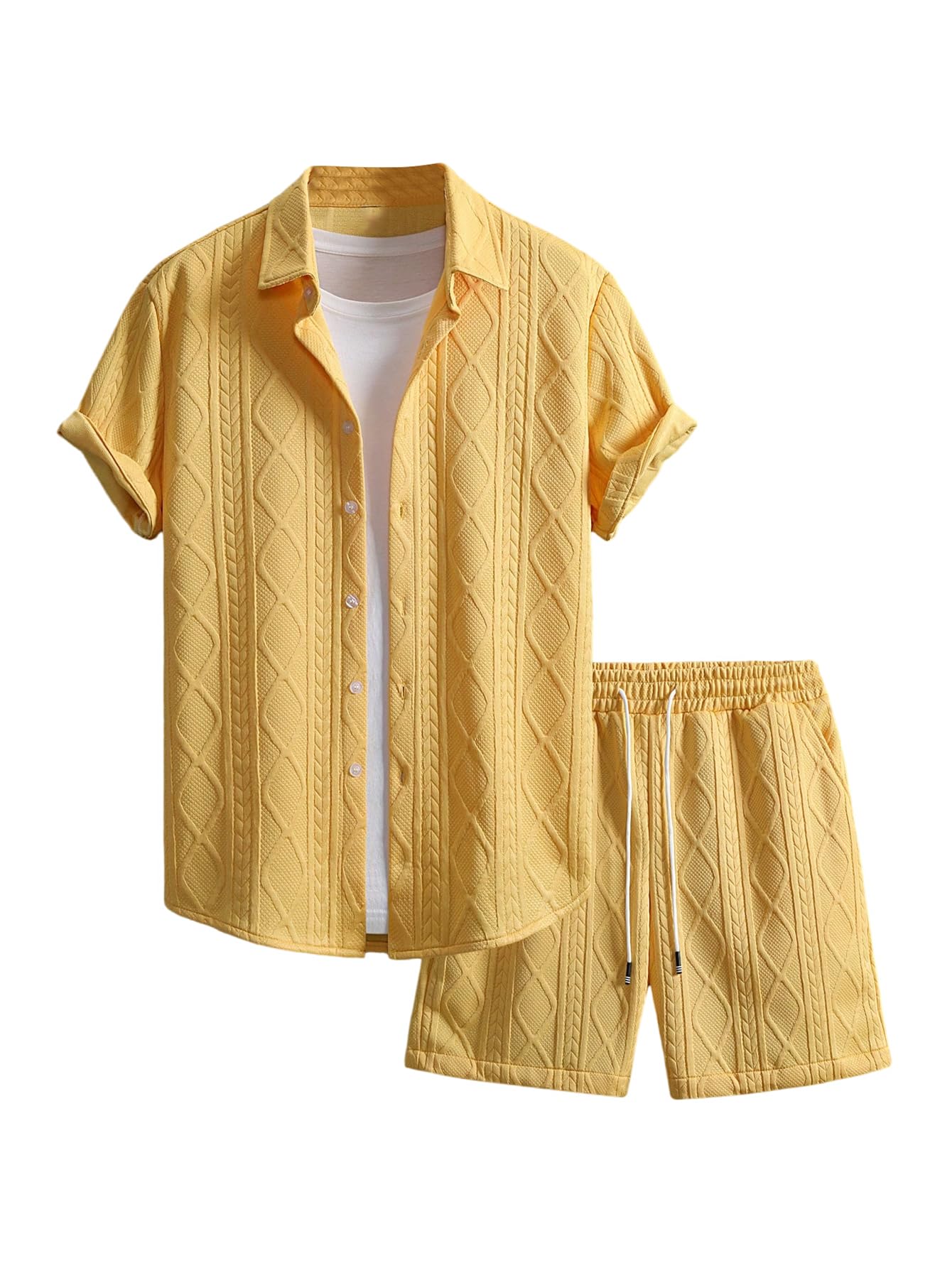 Waffle Knit 2 Piece Outfits for Men, Button Down Shirt and Shorts Set
