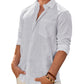 Mens Linen Textured Shirt Long Sleeve Casual Cotton Solid Regular Fit Wedding Summer Beach Button Down Shirt