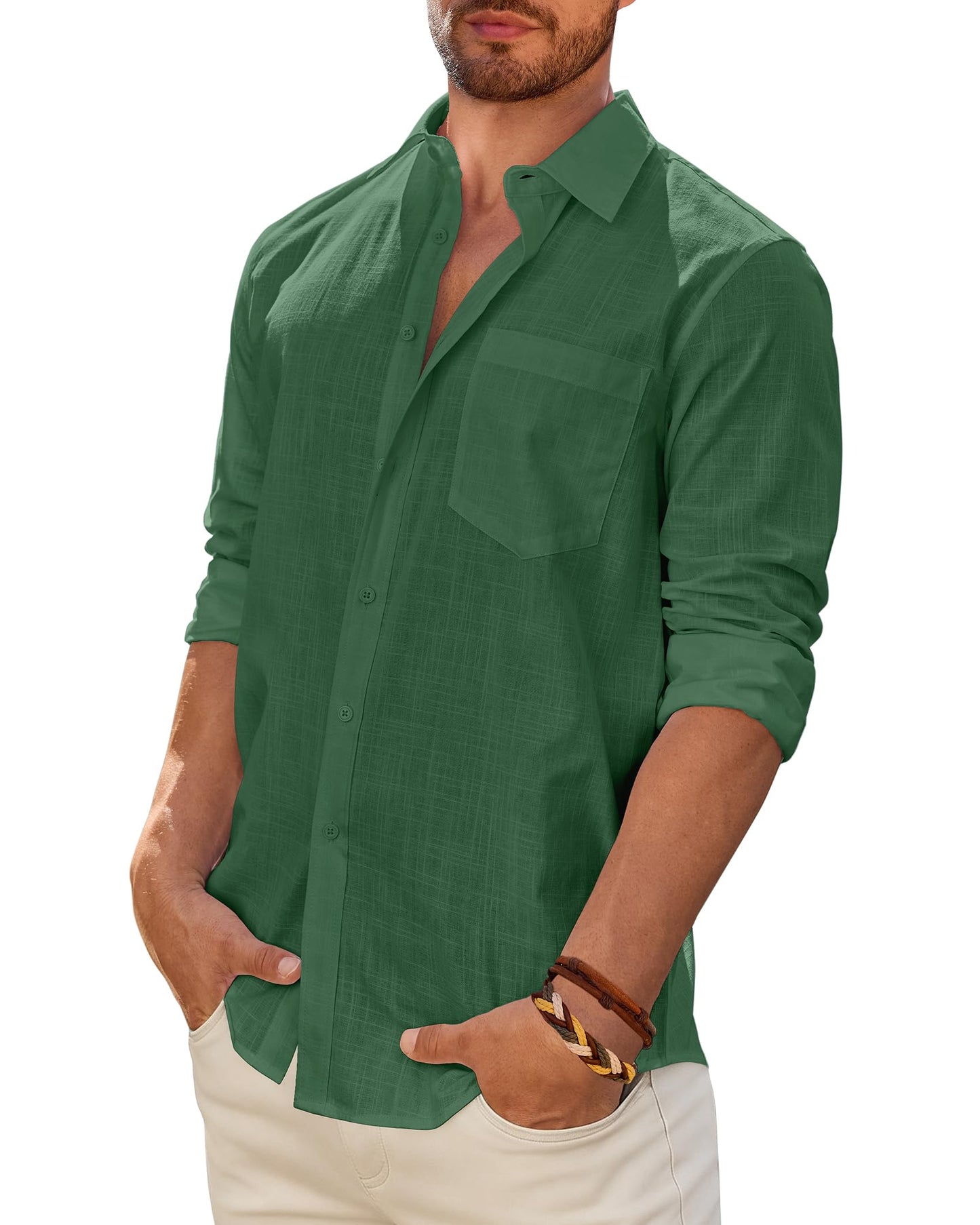 Mens Linen Textured Shirt Long Sleeve Casual Cotton Solid Regular Fit Wedding Summer Beach Button Down Shirt
