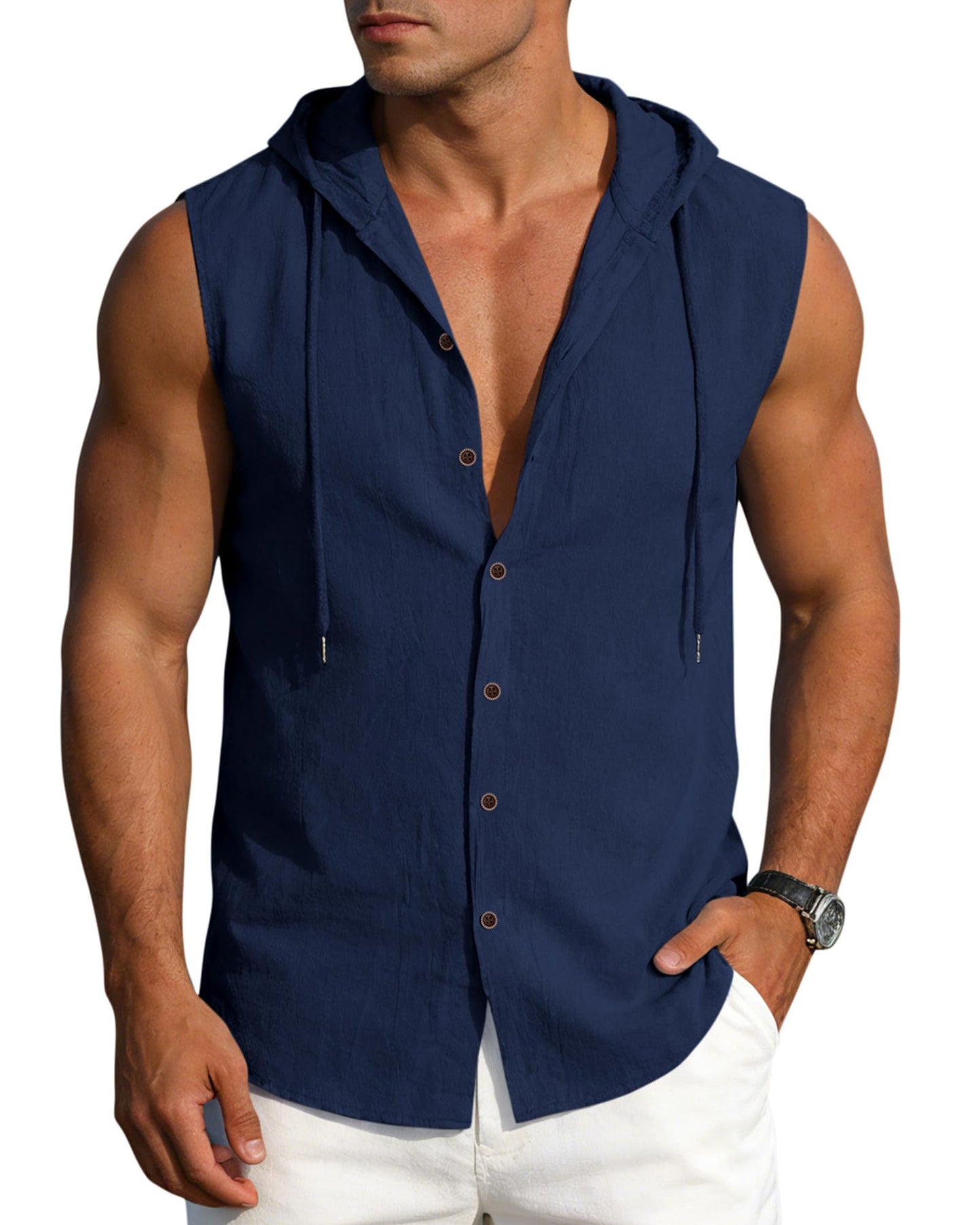 Mens Linen Sleeveless Hoodies Button Down Tank Shirt Summer Casual Beach Lightweight Hawaiian Fashion Tops