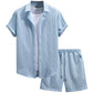 Waffle Knit 2 Piece Outfits for Men, Button Down Shirt and Shorts Set