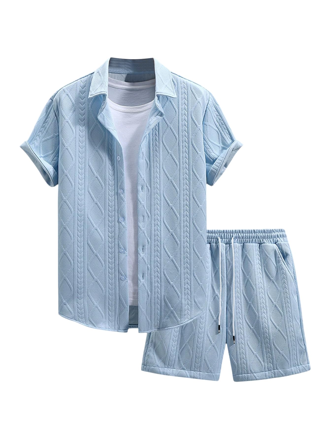 Waffle Knit 2 Piece Outfits for Men, Button Down Shirt and Shorts Set