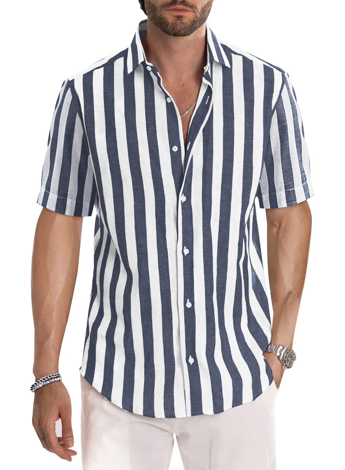 Men's Casual Stylish Short Sleeve Button-Up Striped Dress Shirt Cotton Beach Shirts
