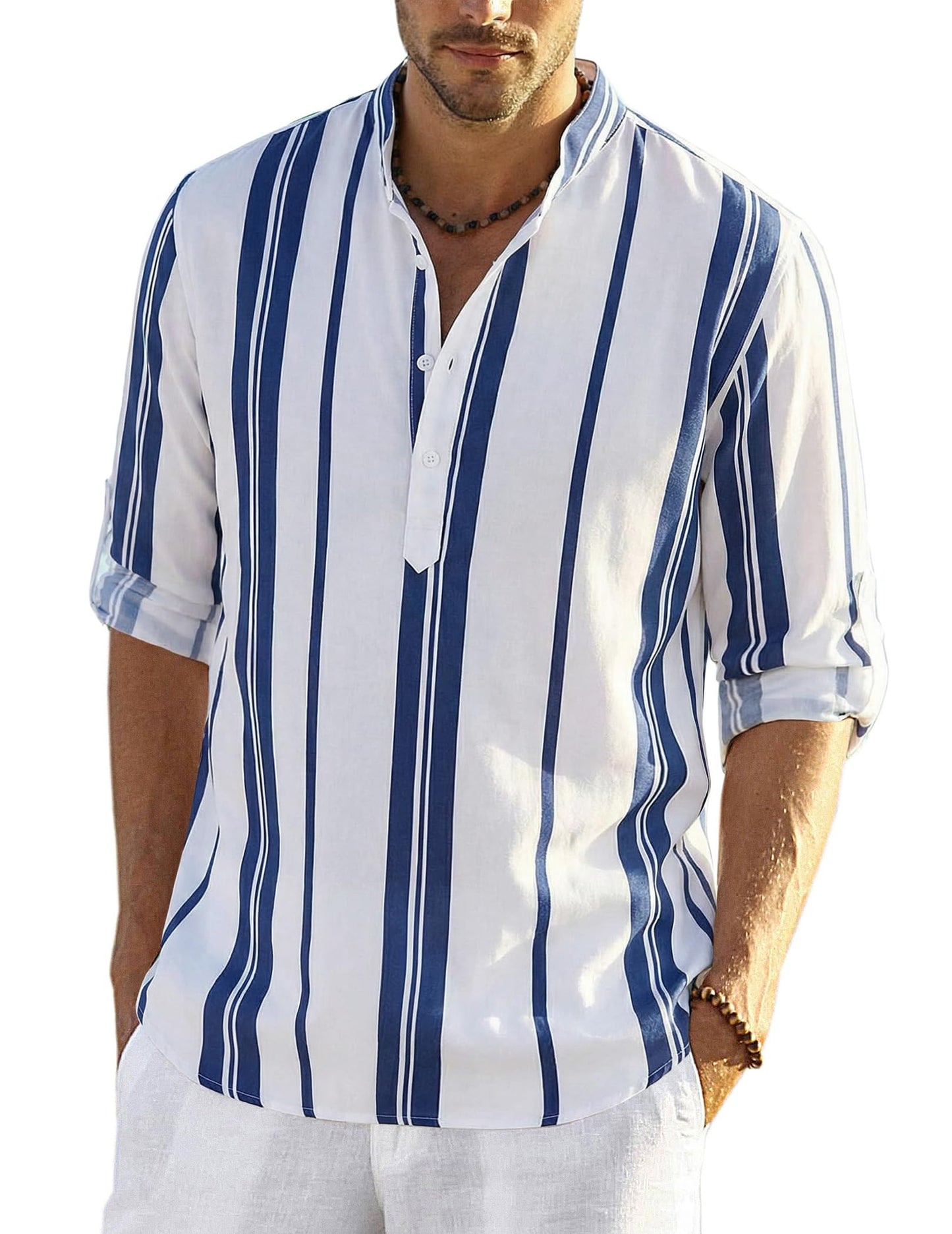 Cotton Linen Henley T-Shirt for Men, Long Sleeve Hippie Casual Beach T-Shirts