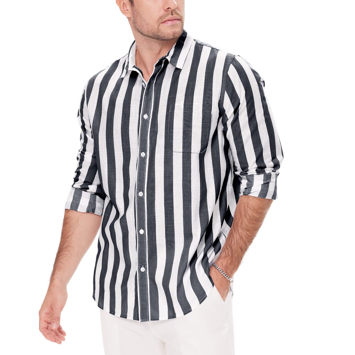 Linen Cotton Button Down Shirts for Men, Casual Long Sleeve Regular Fit Beach Shirts with Pocket