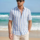 Men's Casual Stylish Short Sleeve Button-Up Striped Dress Shirt Cotton Beach Shirts