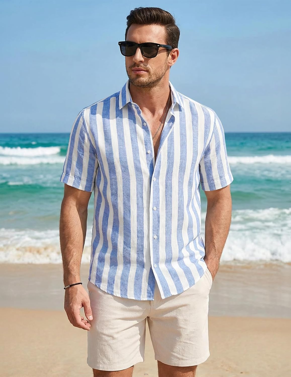 Men's Casual Stylish Short Sleeve Button-Up Striped Dress Shirt Cotton Beach Shirts