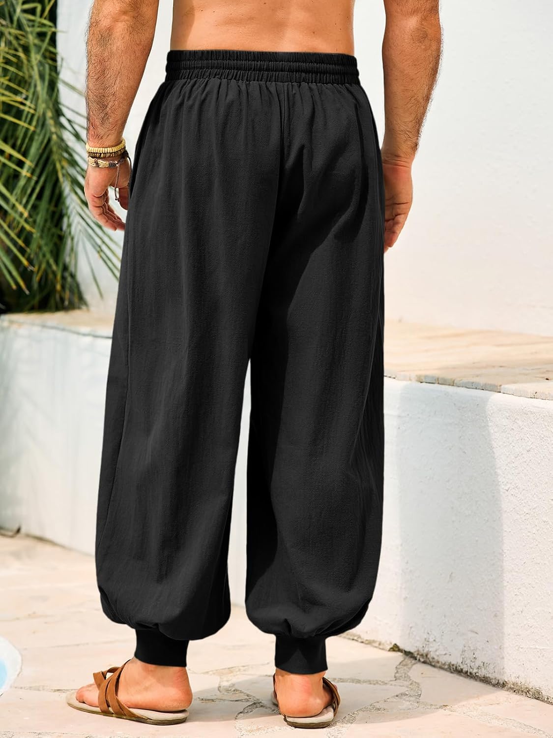 Casual Elastic Waist Drawstring Baggy Pants, Cotton Linen Loose Boho Yoga Beach Trousers