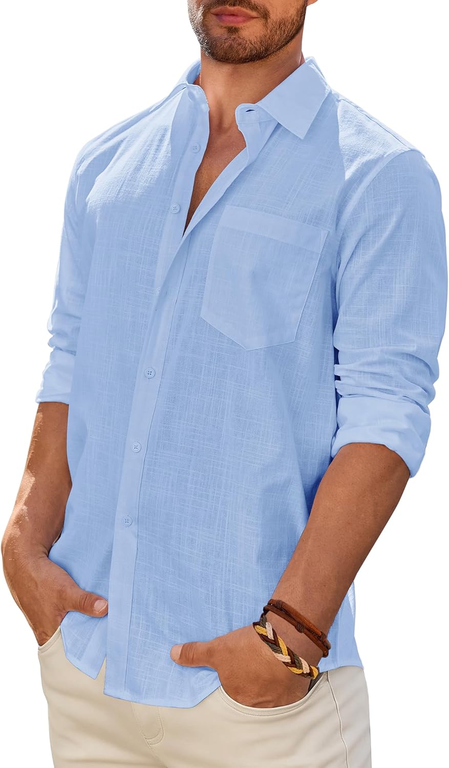 Mens Linen Textured Shirt Long Sleeve Casual Cotton Solid Regular Fit Wedding Summer Beach Button Down Shirt