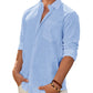 Mens Linen Textured Shirt Long Sleeve Casual Cotton Solid Regular Fit Wedding Summer Beach Button Down Shirt