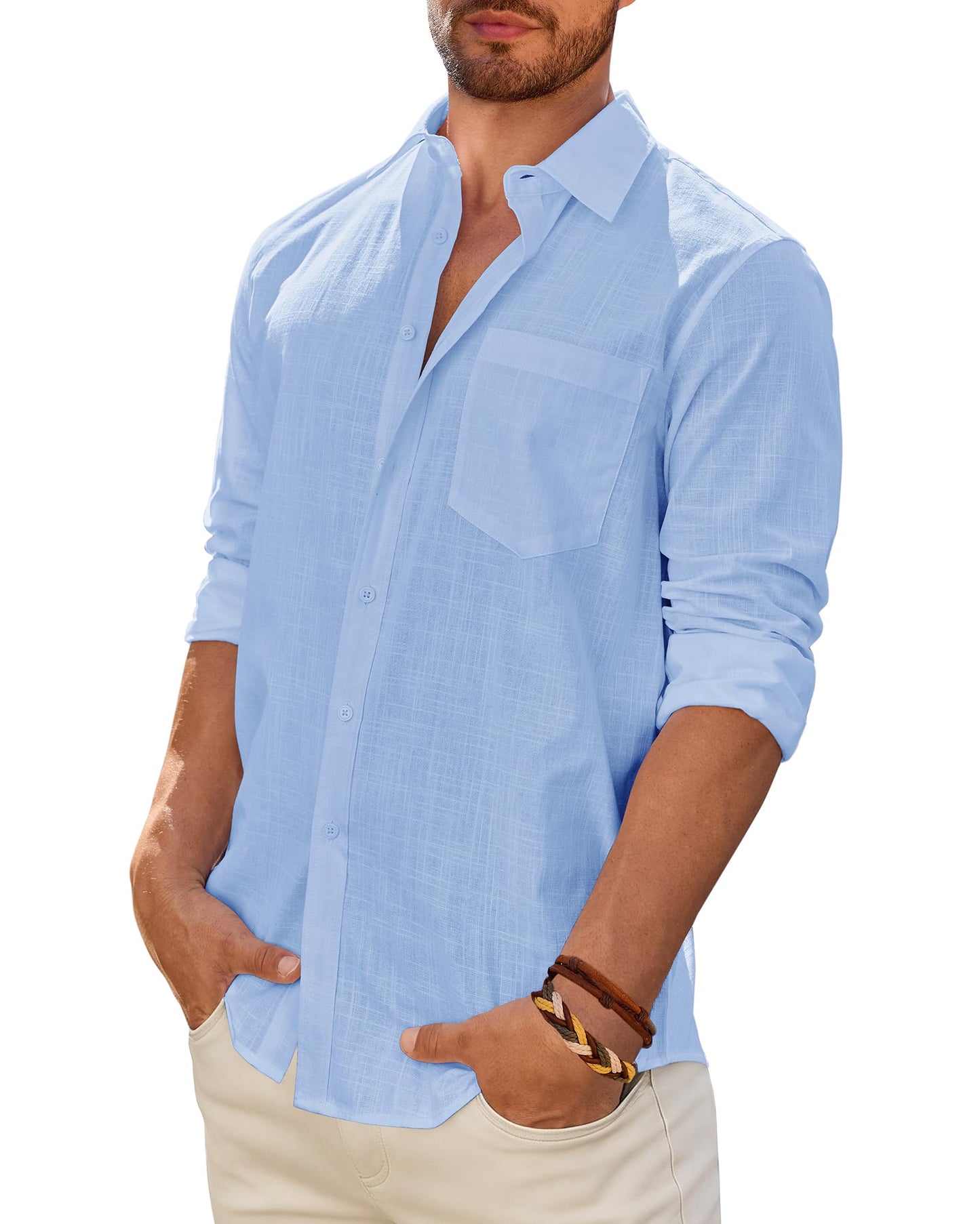 Mens Linen Textured Shirt Long Sleeve Casual Cotton Solid Regular Fit Wedding Summer Beach Button Down Shirt