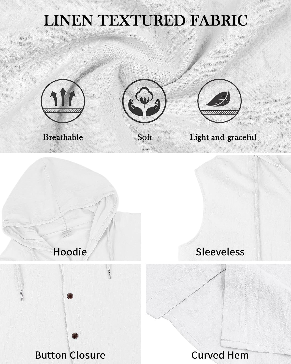 Mens Linen Sleeveless Hoodies Button Down Tank Shirt Summer Casual Beach Lightweight Hawaiian Fashion Tops