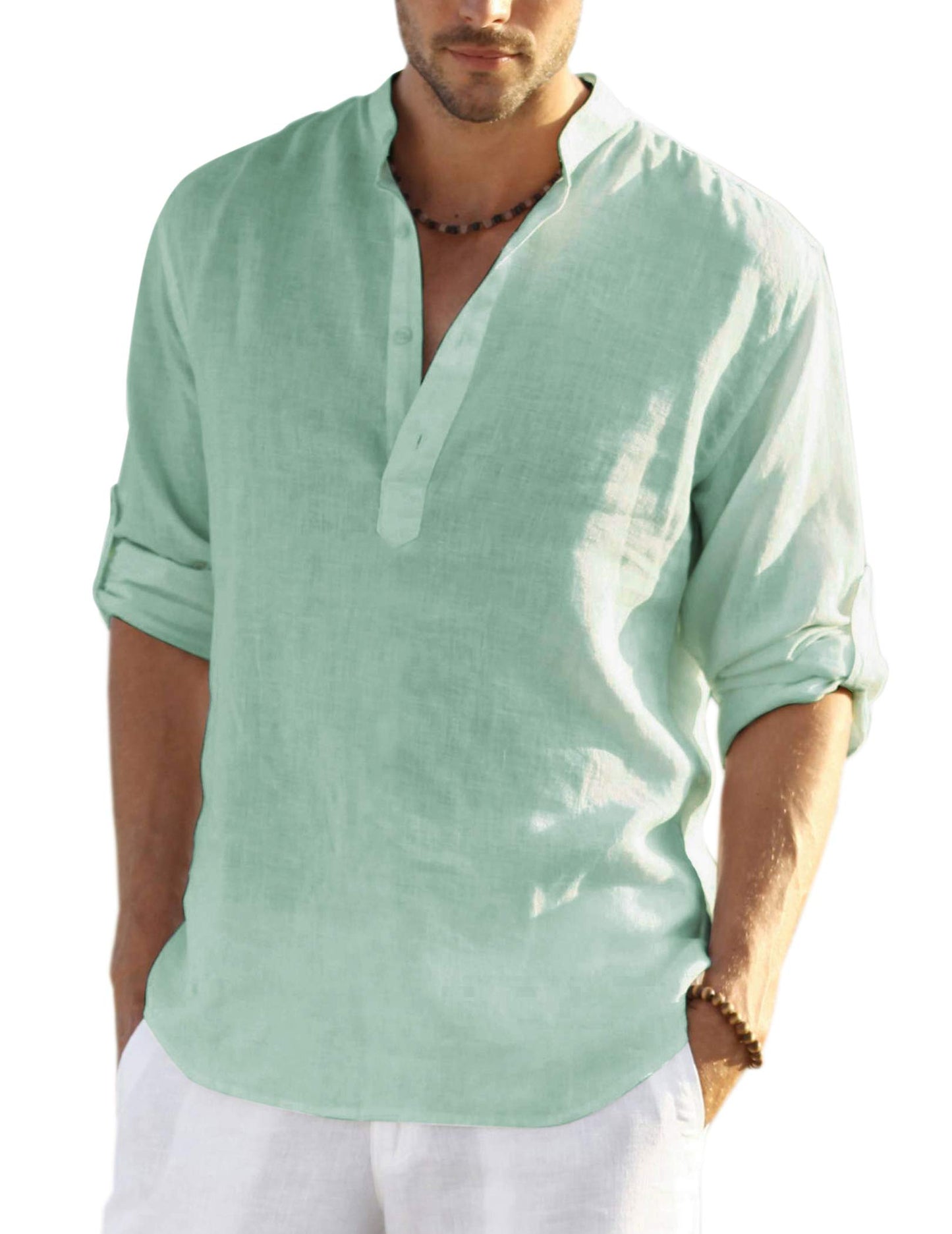 Cotton Linen Henley T-Shirt for Men, Long Sleeve Hippie Casual Beach T-Shirts