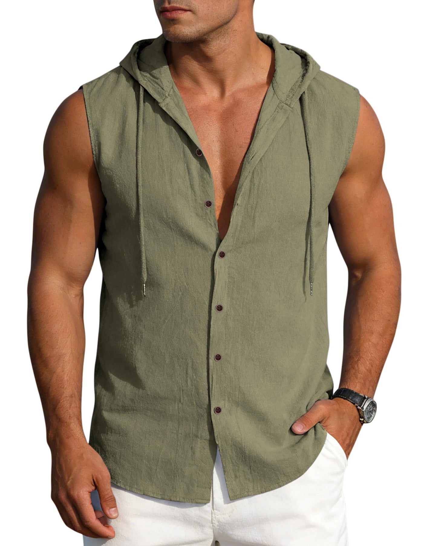 Mens Linen Sleeveless Hoodies Button Down Tank Shirt Summer Casual Beach Lightweight Hawaiian Fashion Tops