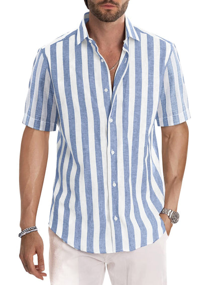 Men's Casual Stylish Short Sleeve Button-Up Striped Dress Shirt Cotton Beach Shirts