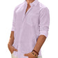 Mens Linen Textured Shirt Long Sleeve Casual Cotton Solid Regular Fit Wedding Summer Beach Button Down Shirt