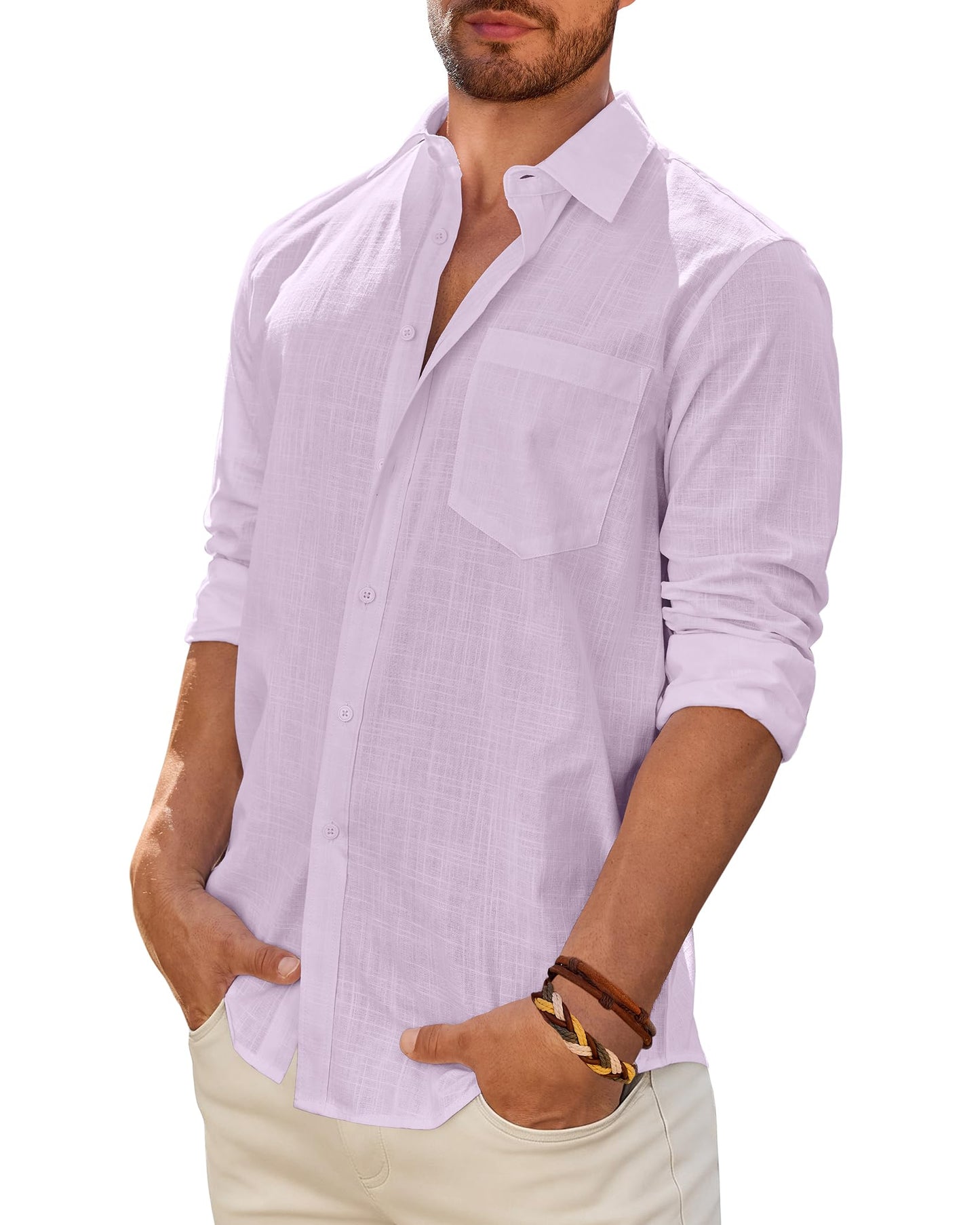Mens Linen Textured Shirt Long Sleeve Casual Cotton Solid Regular Fit Wedding Summer Beach Button Down Shirt