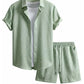 Waffle Knit 2 Piece Outfits for Men, Button Down Shirt and Shorts Set