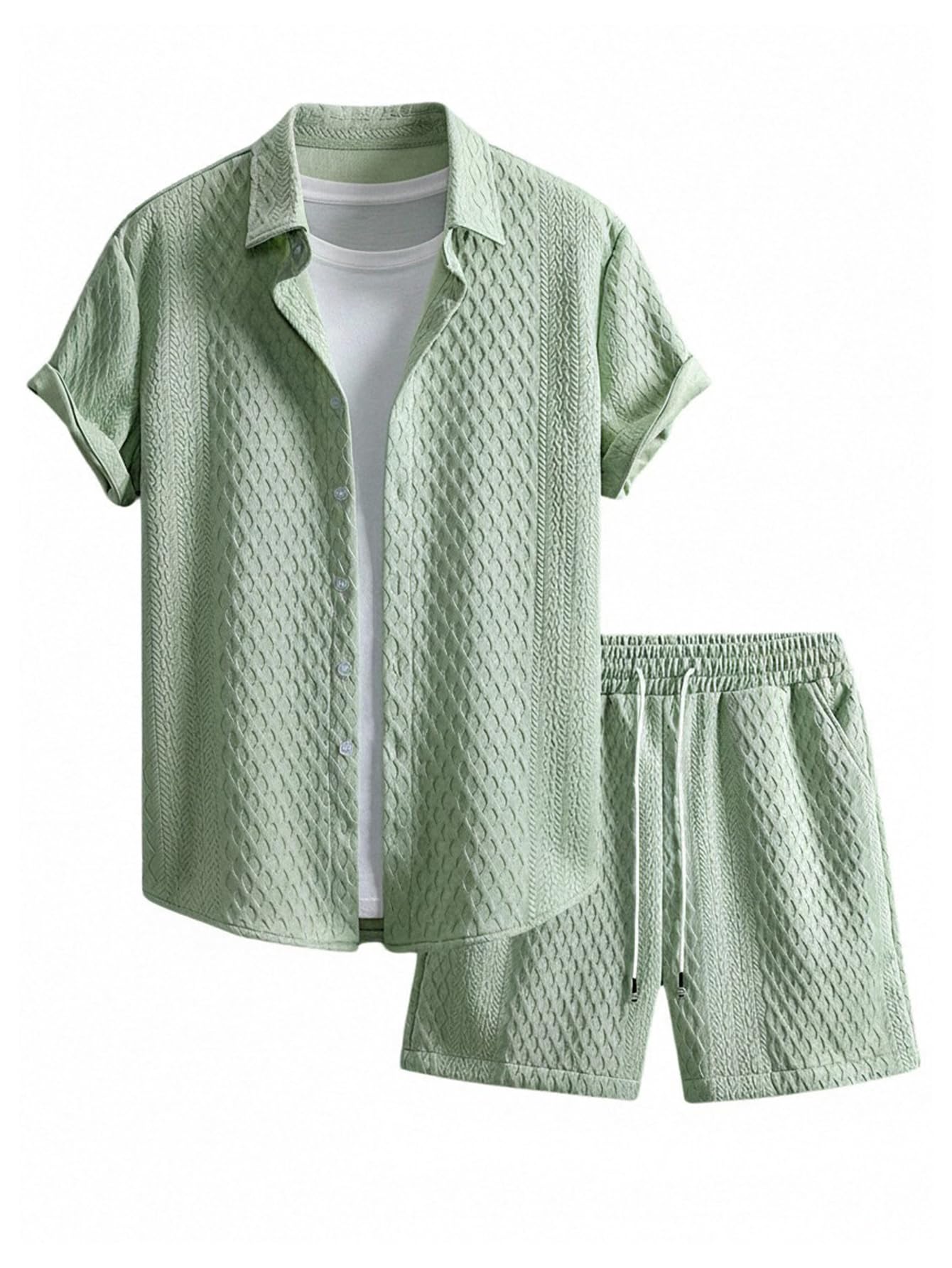 Waffle Knit 2 Piece Outfits for Men, Button Down Shirt and Shorts Set