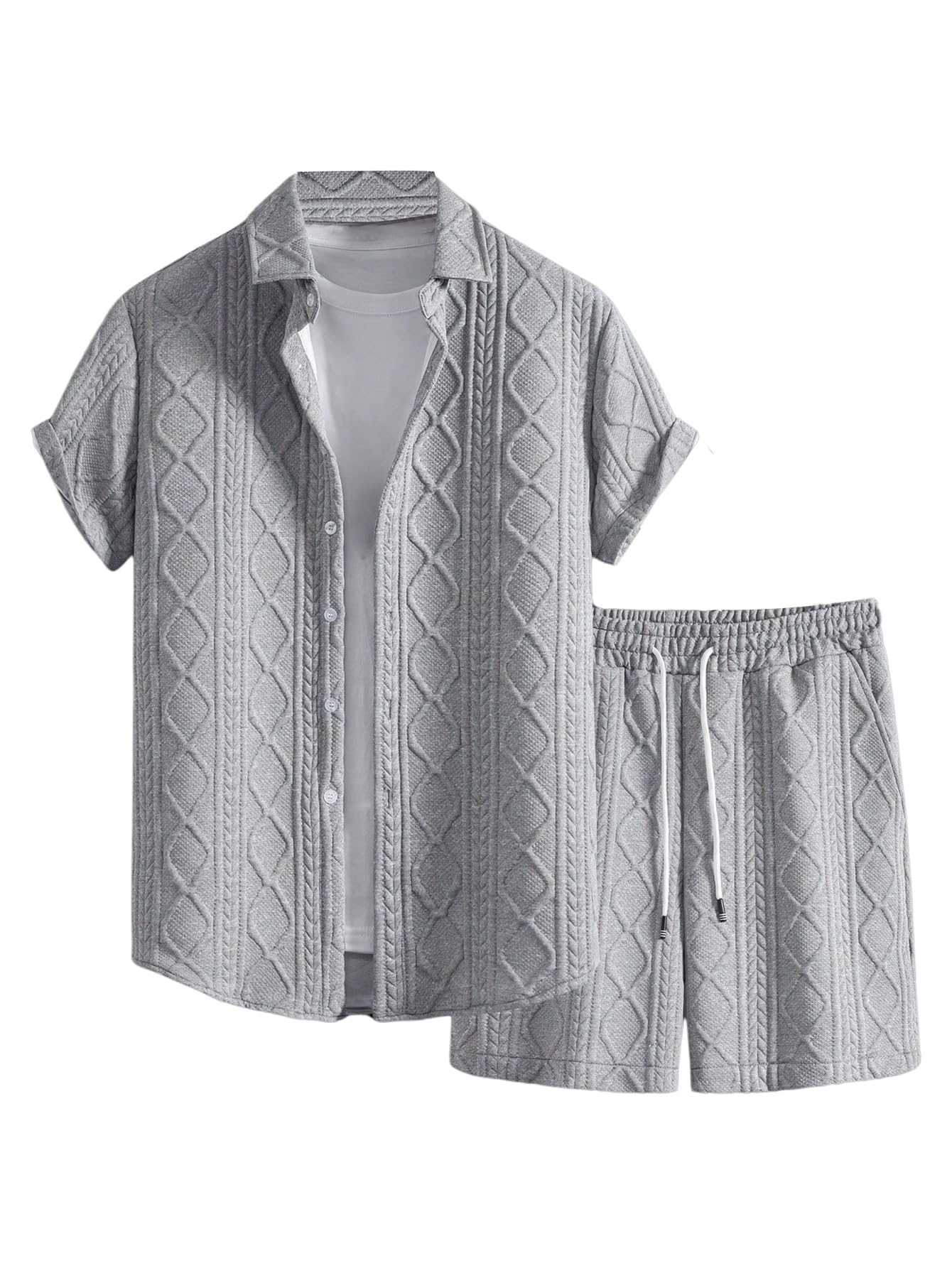 Waffle Knit 2 Piece Outfits for Men, Button Down Shirt and Shorts Set