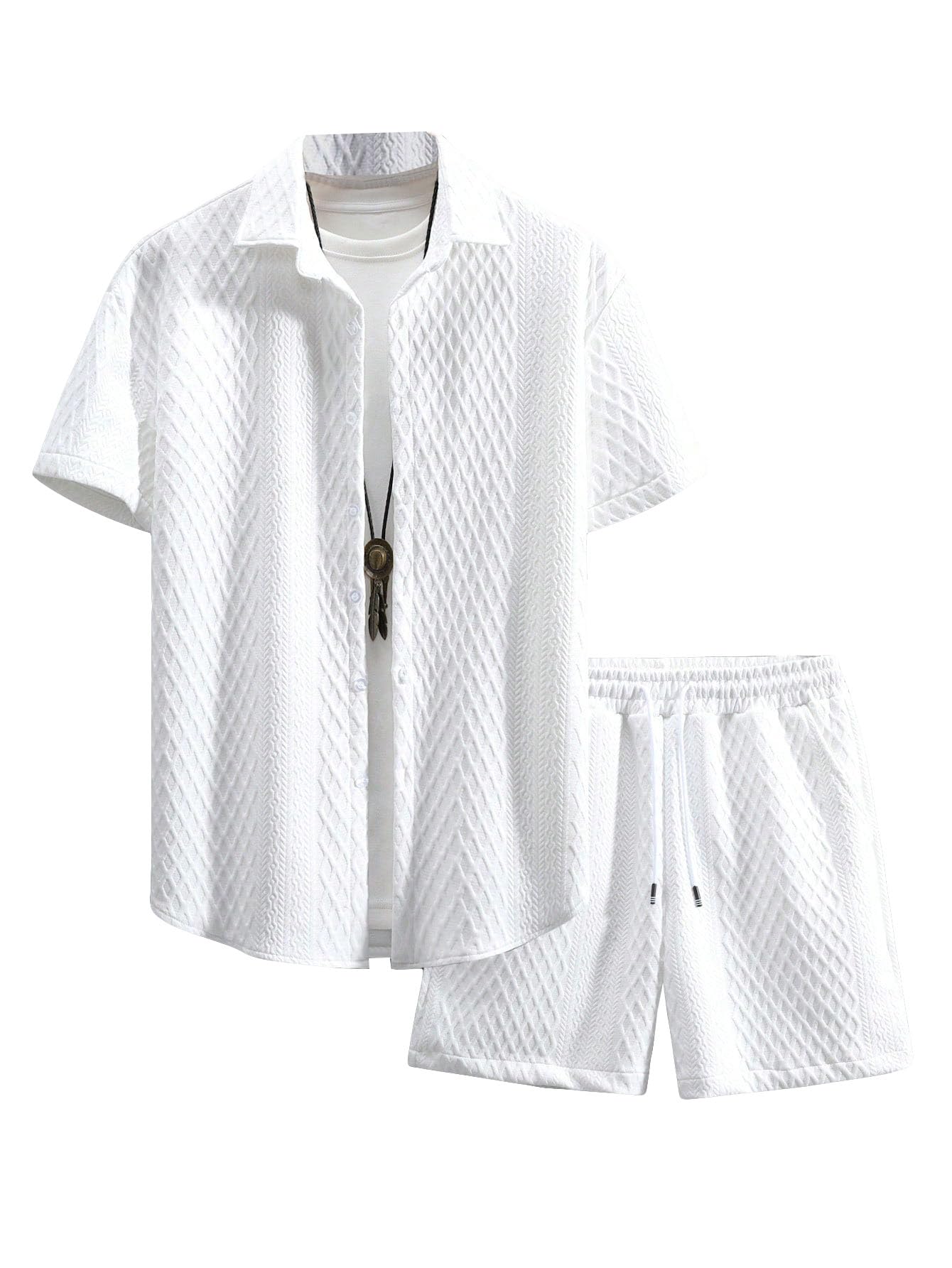 Waffle Knit 2 Piece Outfits for Men, Button Down Shirt and Shorts Set