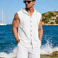 Mens Linen Sleeveless Hoodies Button Down Tank Shirt Summer Casual Beach Lightweight Hawaiian Fashion Tops