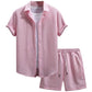 Waffle Knit 2 Piece Outfits for Men, Button Down Shirt and Shorts Set