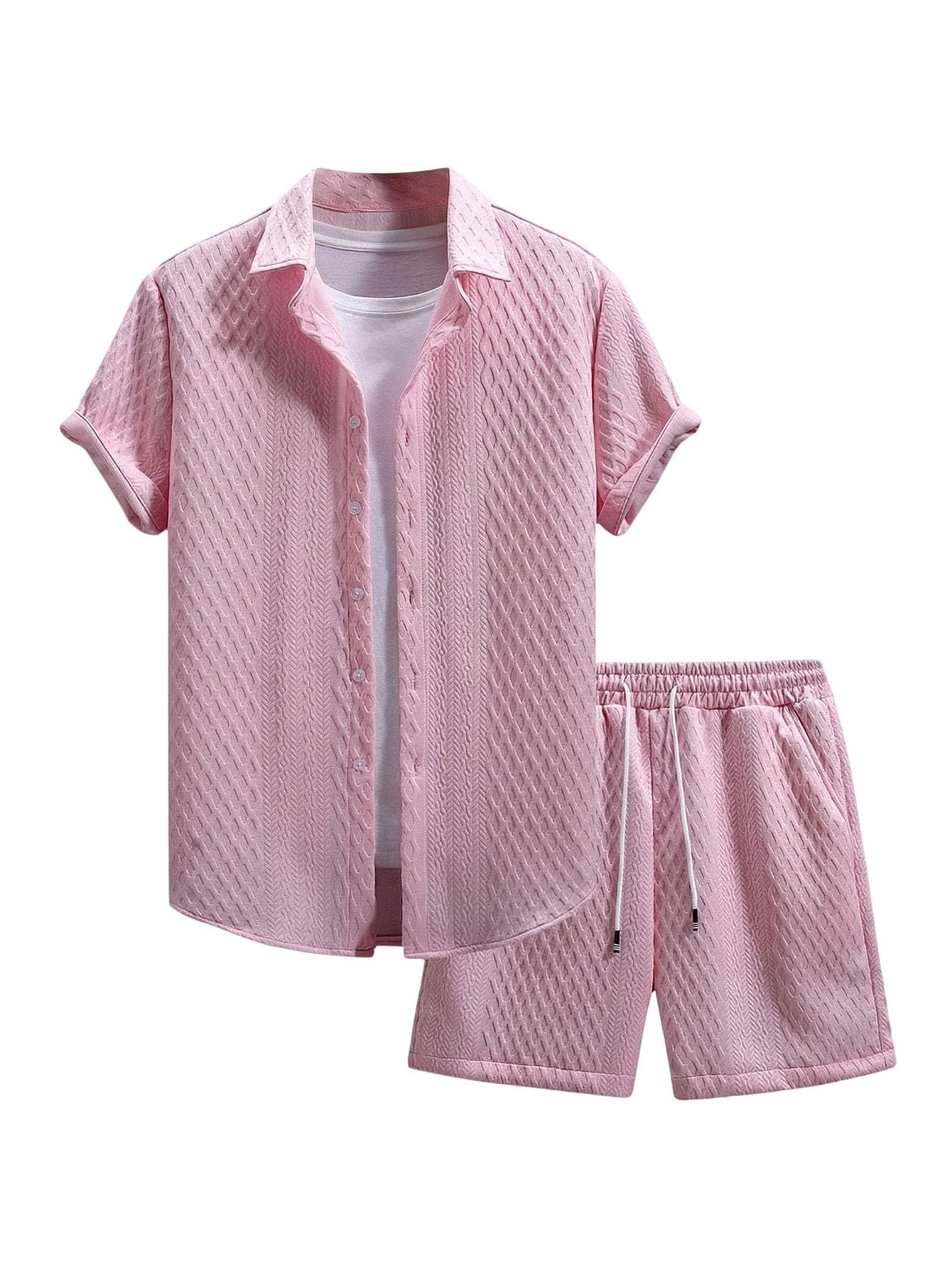 Waffle Knit 2 Piece Outfits for Men, Button Down Shirt and Shorts Set