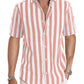Men's Casual Stylish Short Sleeve Button-Up Striped Dress Shirt Cotton Beach Shirts