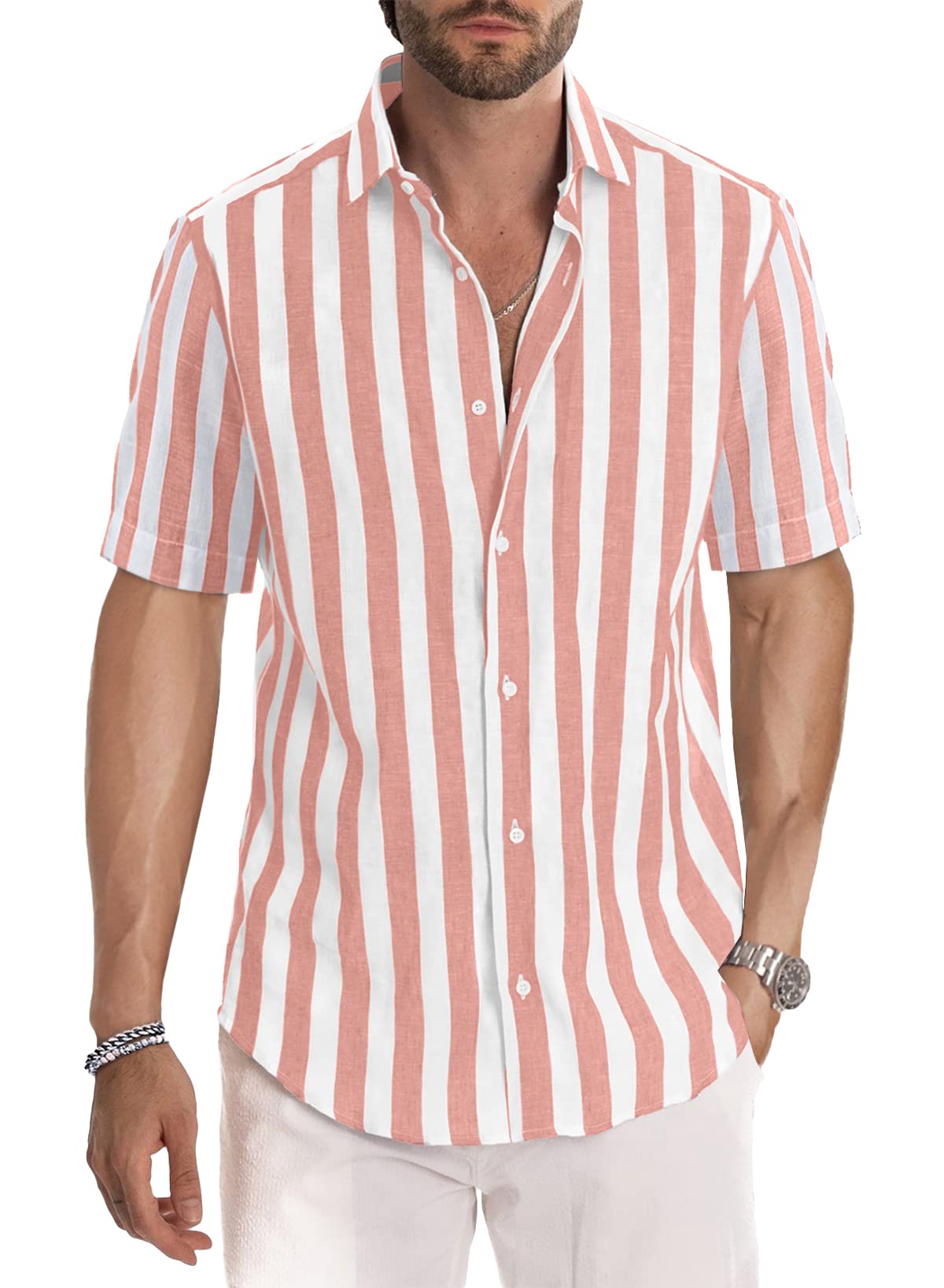 Men's Casual Stylish Short Sleeve Button-Up Striped Dress Shirt Cotton Beach Shirts