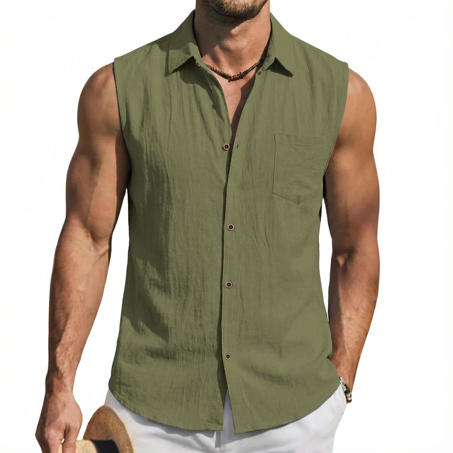 Mens Linen Sleeveless Hoodies Button Down Tank Shirt Summer Casual Beach Lightweight Hawaiian Fashion Tops