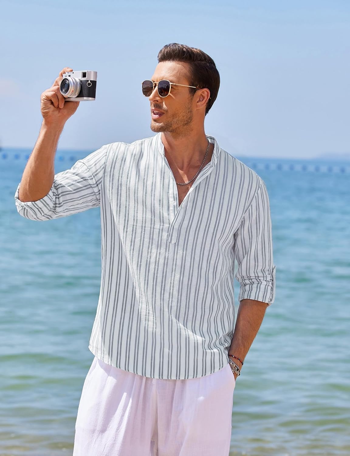 Cotton Linen Henley T-Shirt for Men, Long Sleeve Hippie Casual Beach T-Shirts