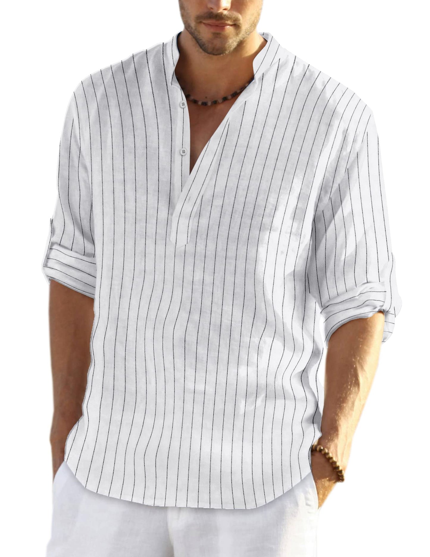 Cotton Linen Henley T-Shirt for Men, Long Sleeve Hippie Casual Beach T-Shirts