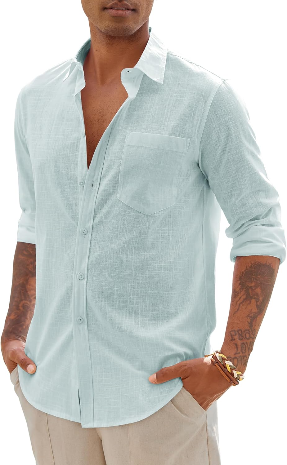 Mens Linen Textured Shirt Long Sleeve Casual Cotton Solid Regular Fit Wedding Summer Beach Button Down Shirt