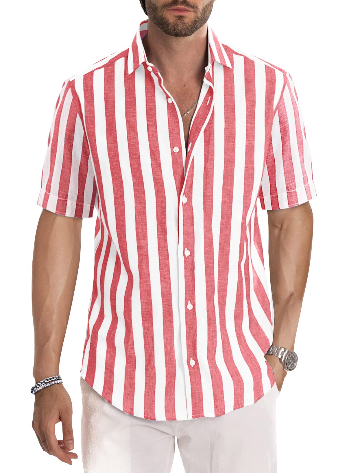 Men's Casual Stylish Short Sleeve Button-Up Striped Dress Shirt Cotton Beach Shirts