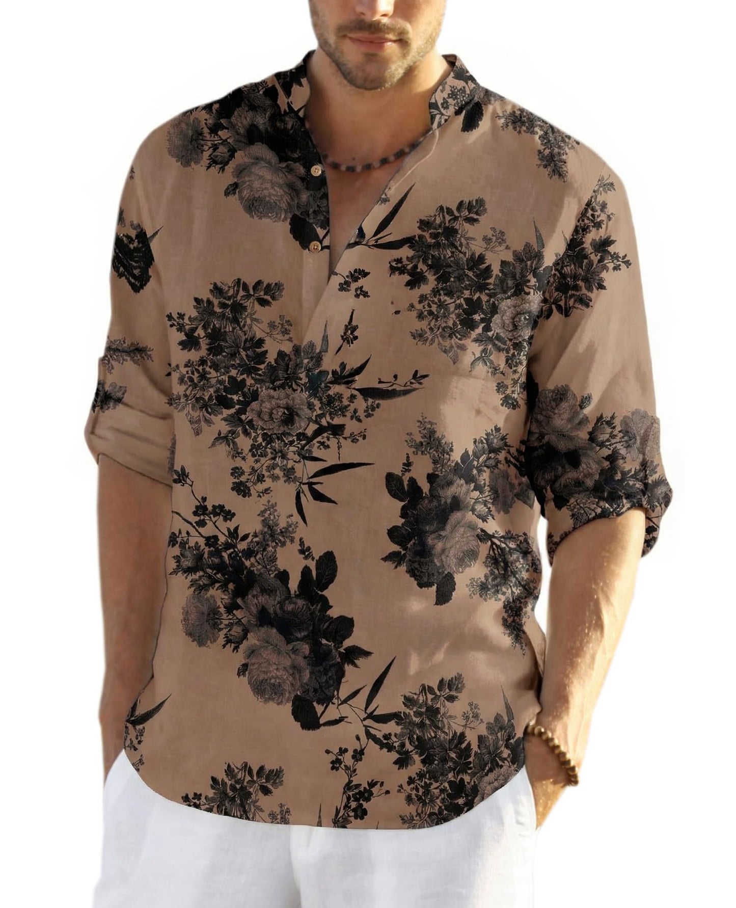 Cotton Linen Henley T-Shirt for Men, Long Sleeve Hippie Casual Beach T-Shirts