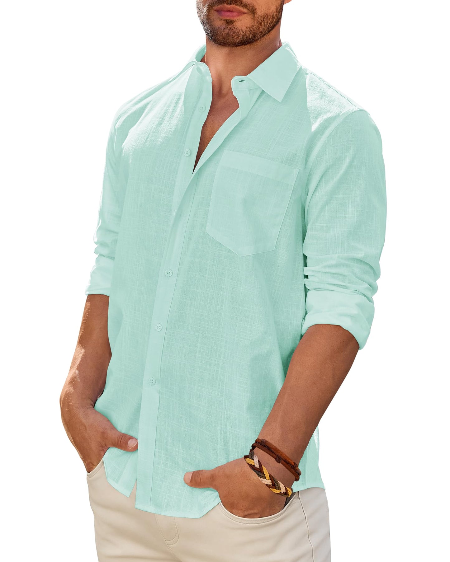 Mens Linen Textured Shirt Long Sleeve Casual Cotton Solid Regular Fit Wedding Summer Beach Button Down Shirt