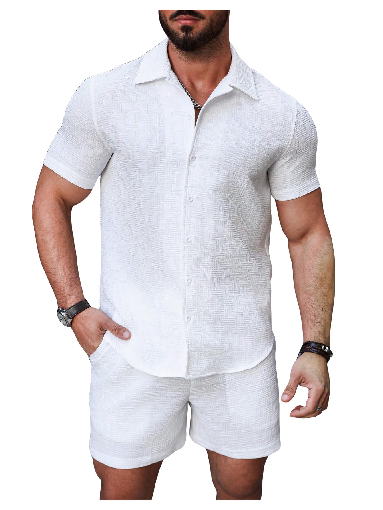 Waffle Knit 2 Piece Outfits for Men, Button Down Shirt and Shorts Set