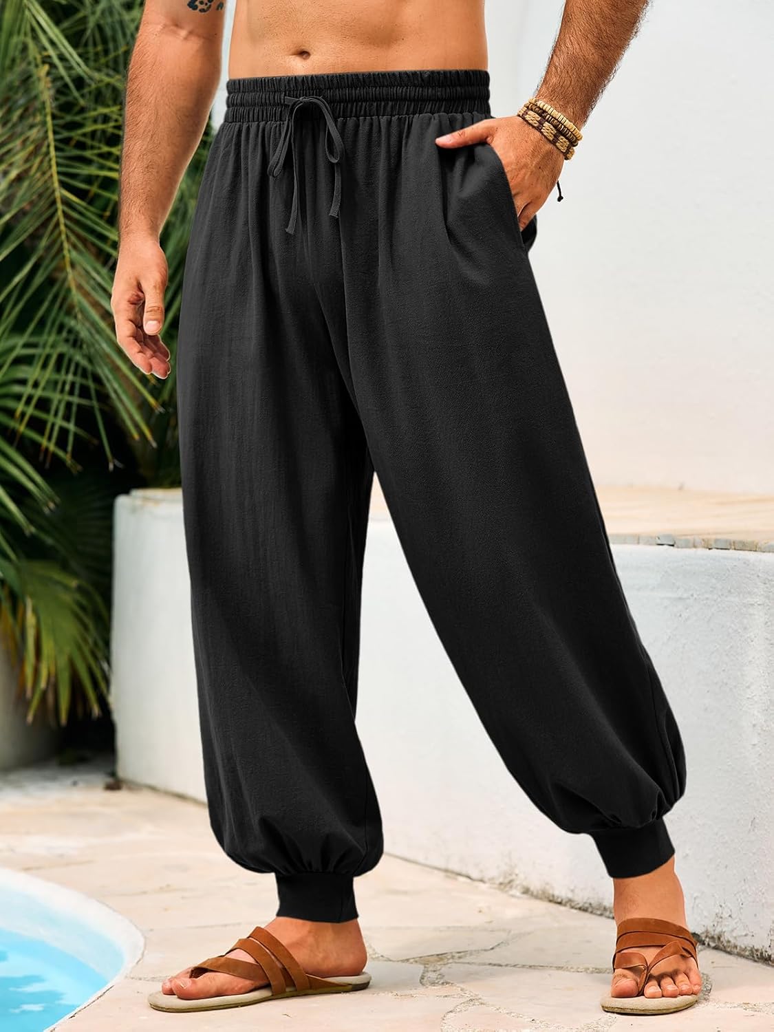 Casual Elastic Waist Drawstring Baggy Pants, Cotton Linen Loose Boho Yoga Beach Trousers