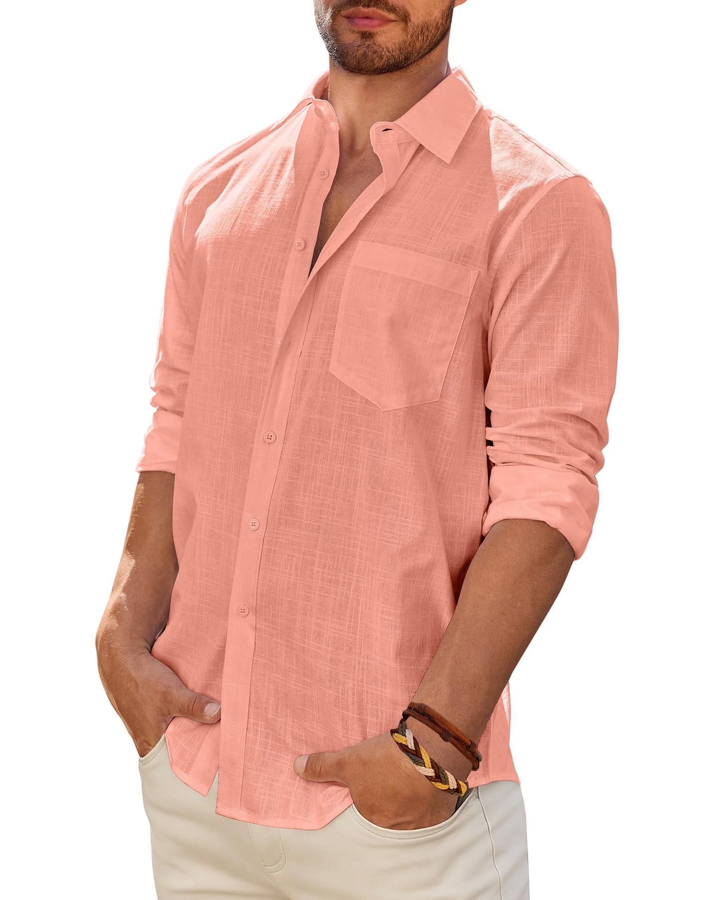 Mens Linen Textured Shirt Long Sleeve Casual Cotton Solid Regular Fit Wedding Summer Beach Button Down Shirt