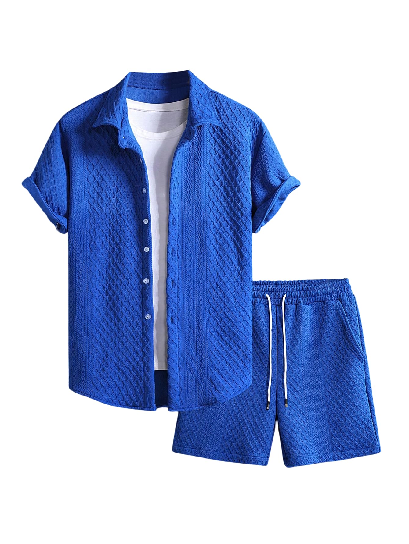 Waffle Knit 2 Piece Outfits for Men, Button Down Shirt and Shorts Set