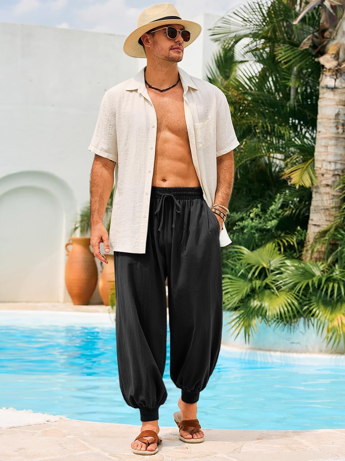 Casual Elastic Waist Drawstring Baggy Pants, Cotton Linen Loose Boho Yoga Beach Trousers