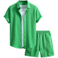 Waffle Knit 2 Piece Outfits for Men, Button Down Shirt and Shorts Set