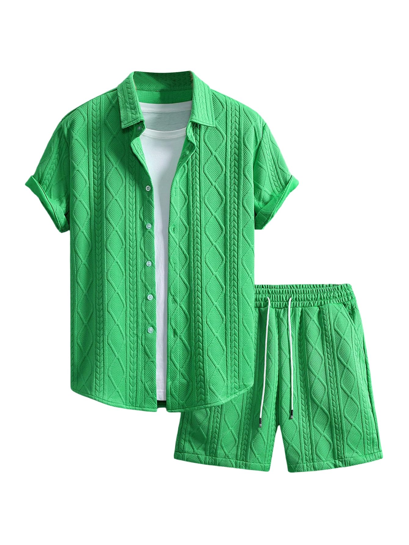 Waffle Knit 2 Piece Outfits for Men, Button Down Shirt and Shorts Set