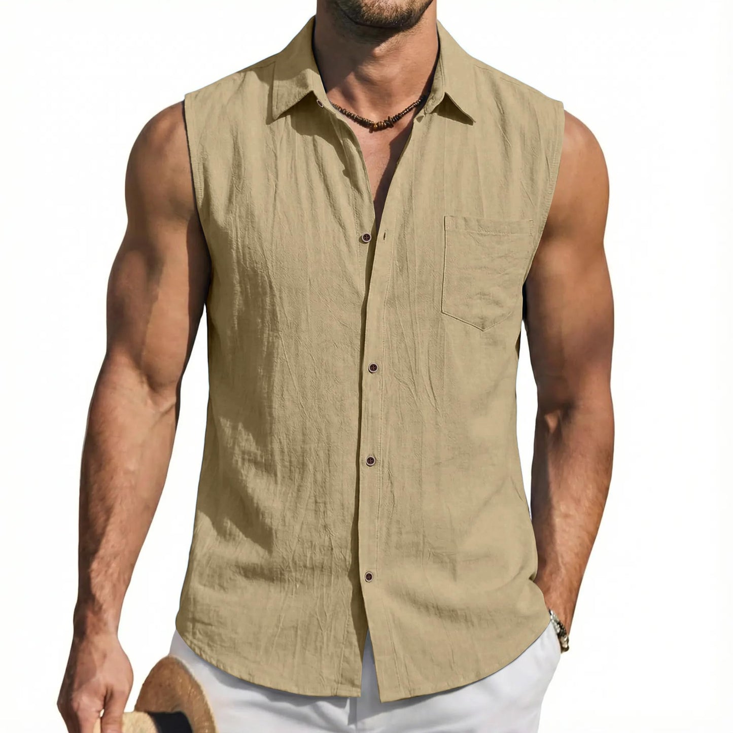 Mens Linen Sleeveless Hoodies Button Down Tank Shirt Summer Casual Beach Lightweight Hawaiian Fashion Tops