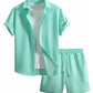 Waffle Knit 2 Piece Outfits for Men, Button Down Shirt and Shorts Set
