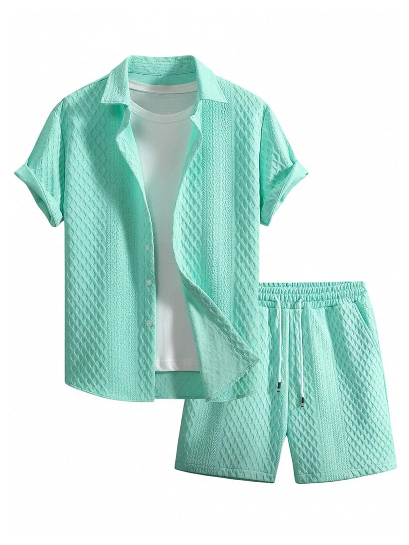 Waffle Knit 2 Piece Outfits for Men, Button Down Shirt and Shorts Set