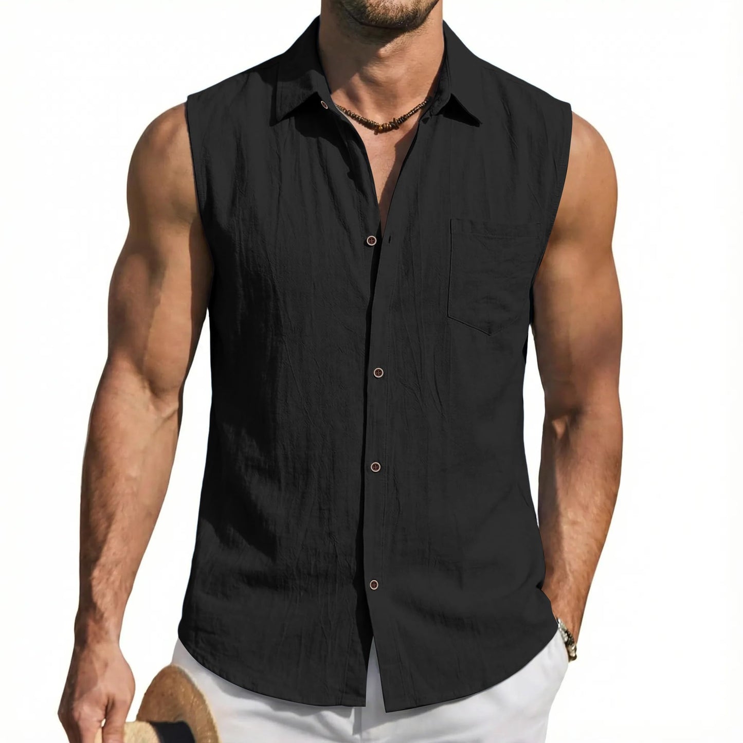 Mens Linen Sleeveless Hoodies Button Down Tank Shirt Summer Casual Beach Lightweight Hawaiian Fashion Tops